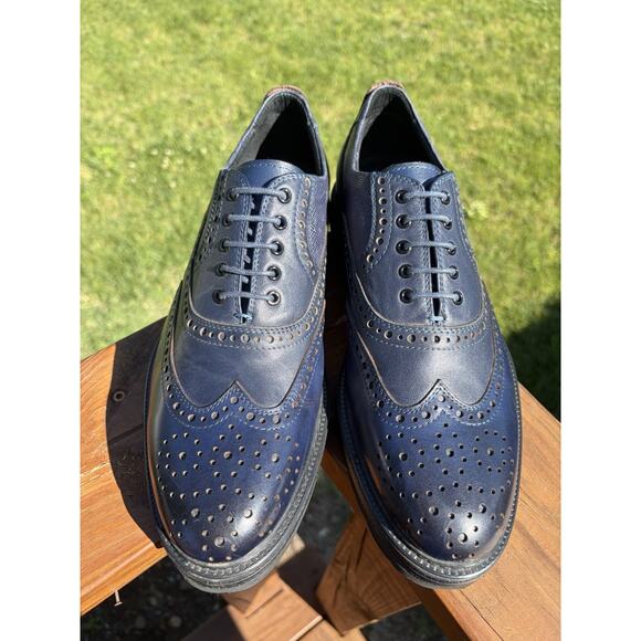 Miguel Miratez Blue Leather Brogue Oxford Platform Shoes Handmade Size 43 US 10 main image 6